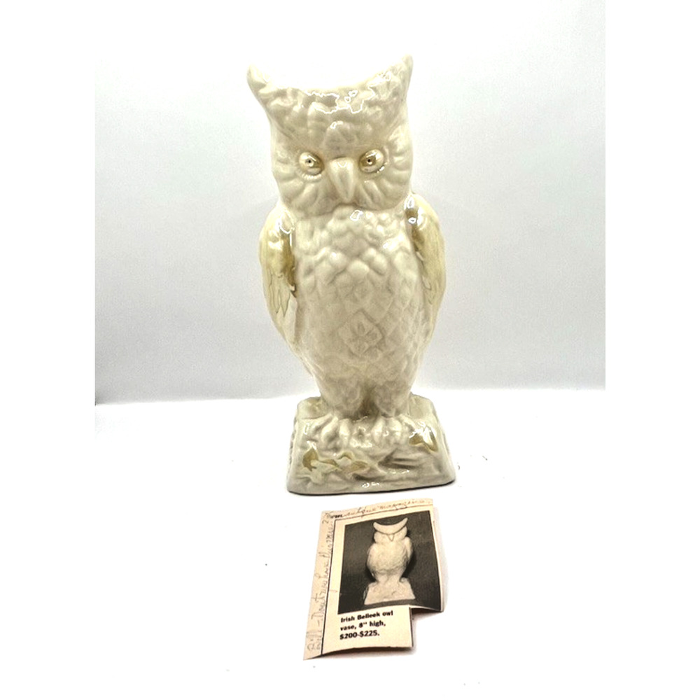 Wonderful Old Belleek Ireland Horned Owl Luster Porcelain 8.5" Vase Green Mark